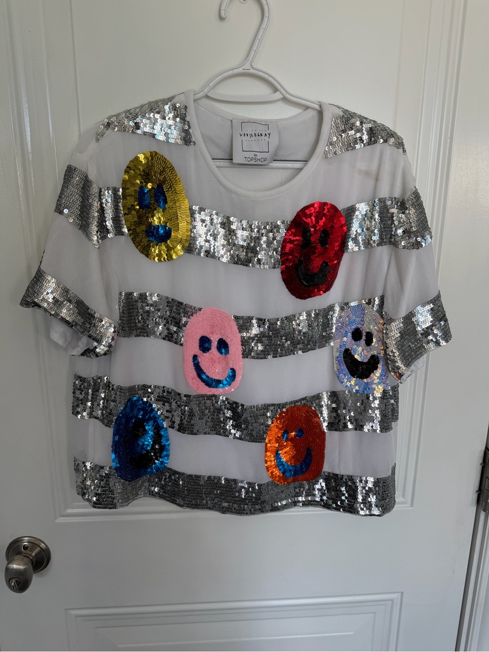Topshop White Tee with Silver Sequin Stripes and Multicolor Sequin Smiles